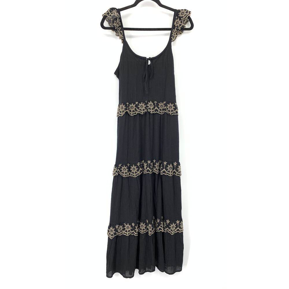 Japna Maxi Dress Womens XL Black Gauze Tiered Ruffle Keyhole Tie Smocked Back